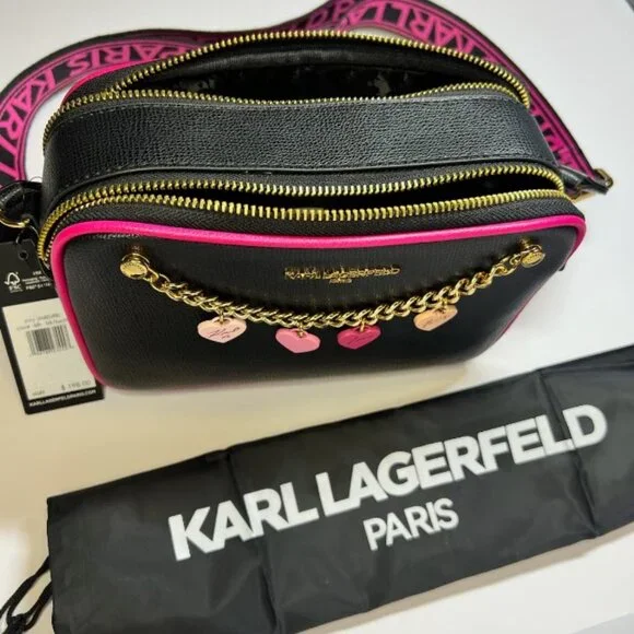 NWT Karl Lagerfeld Bag Black Crossbody Bag Heart Charms Details - Picture 3 of 5